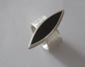 Unique ring in silver with solid ebony inlay, ring, goldsmith work, navette, ebony, craft, jewellery, ring, unique, precious