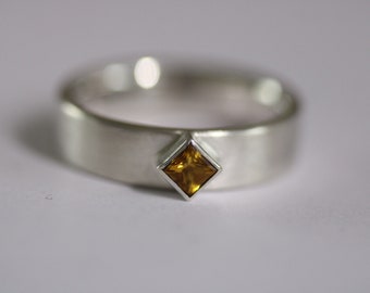 Ring in solid silver with set faceted carree citrine by Frank Schwope, solitaire ring, citrine, yellow, unique jewelry, goldsmith
