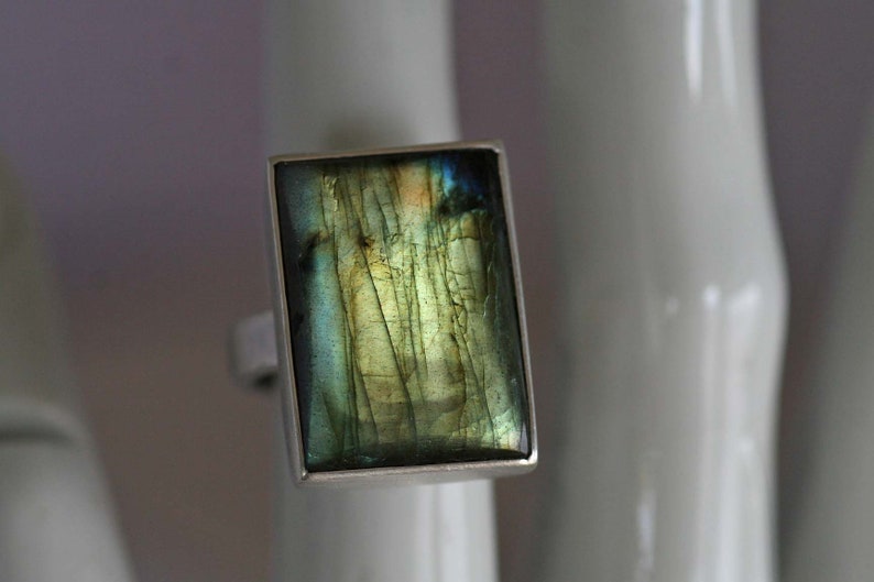 solitaire ring cabochon big stone Ring in massively sterling silver with Labradorite rectangle by Frank Schwope rectangle unique Labradorite