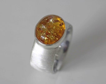 Ring with beautiful amber in sterling silver by Frank Schwope, amber, oval, solitaire ring, goldsmith work, unique jewellery, ring