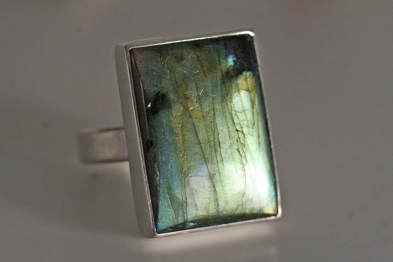 solitaire ring cabochon big stone Ring in massively sterling silver with Labradorite rectangle by Frank Schwope rectangle unique Labradorite