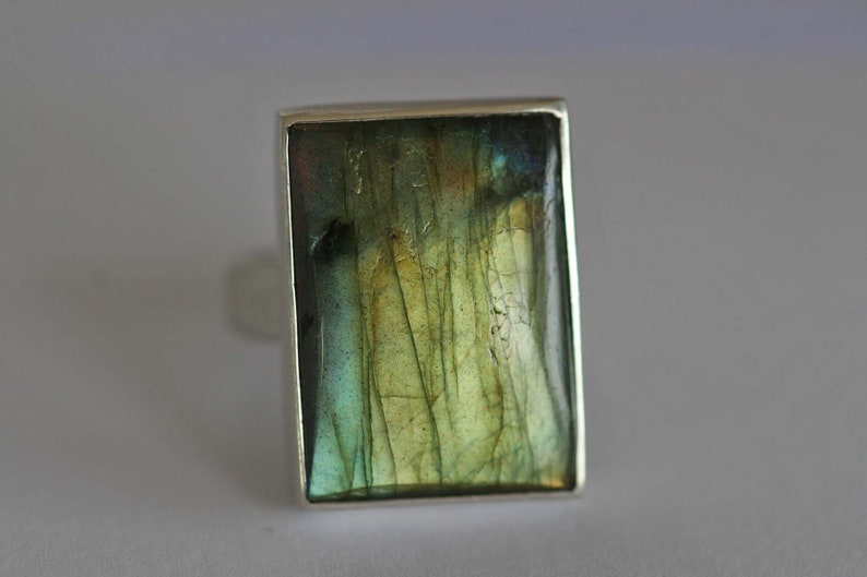 solitaire ring cabochon big stone Ring in massively sterling silver with Labradorite rectangle by Frank Schwope rectangle unique Labradorite
