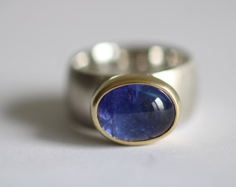 Ring in Silber mit schönem in 900 Gold gefassten ovalen Tansanit von Frank Schwope, Tansanit, Unikatschmuck, Goldschmiedearbeit, Ring, Blau