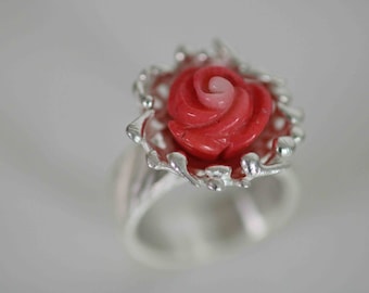 Beautiful Carved Coral Rose Ring in Sterling Silver by Frank Schwope Coral Pink Red Solitaire Ring Unique Jewelery Goldsmiths