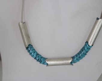 Bellissima collana con elementi in argento e turchese di Frank Schwope, turchese, argento, catena, blu mare, collana, rulli, pietra preziosa, unico