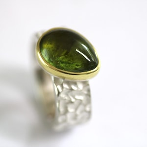 Ring in silver with a beautiful green tourmaline set in 750 gold by Frank Schwope, green, unique jewellery, goldsmith&#39;s work, ring, tourmaline