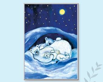 Big Polarbear Family Poster, Oil Painting for Children, Poster for Children's Room