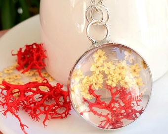 Medallón "Encuentro con el mar", flor prensada, coral, con flores secas, flores prensadas, coral, rojo y crema