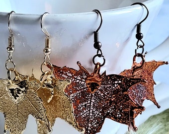 Boucles d’oreilles en érable, vraie feuille d’érable en cuivre, or 18ct, bijoux en vraie feuille, bijoux avec feuilles de cuivre, or18kt