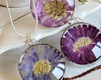 Collier avec aster, en 3 couleurs, bleu, violet, rose, fleur de septembre, violet, fleurs séchées, fleurs pressées, médaillon en verre, terrarium