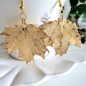 Orecchini con vero acero canadese, in gold, echte Ahornblatt-Ohrringe in Gold, echtes Blatt, Feuilles