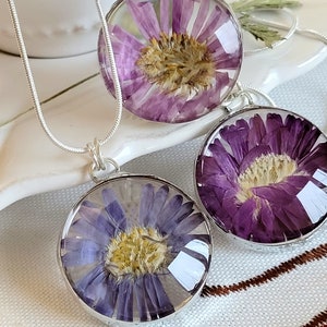 Necklace with aster, in 3 colors, blue, purple, pink, September flower, purple, dried flowers, pressed flowers, glass medallion, terrarium