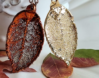 Necklace with real elm leaf, real leaf necklace in gold, copper, ,elm necklace, kette, echte blatt, electroplated