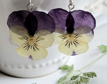 Orecchini con viole, real pansy earrings, pressed flower, viola, echte blutten