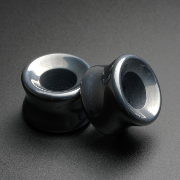 Hematite Double Flare Concave Stone Tunnel | Organic Stone Ear Stretcher Gauges | Sizes 6mm (2g) - 25mm (1") | FREE Delivery Available!