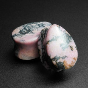 Rhodonite Double Flare Convex Teardrop Plug | Organic Stone Ear Stretcher Gauges | Sizes 6mm (2g) - 25mm (1") | FREE Delivery Available!