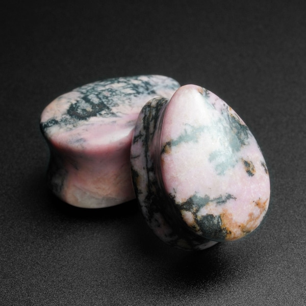 Rhodoniet Double Flare Convexe Teardrop Plug | Organische stenen oorstretchermaten | Maten: 6 mm (2 g) - 25 mm (1") | ***Geen TARIEF IN DE VS!***