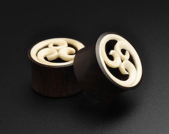 Sono Wood Double Flare Tunnel With Bone Spiral Inlay | Wooden Ear Stretcher Gauges | Sizes 6mm (2g) - 25mm (1") | ***No USA TARIFFS!***