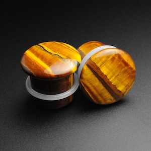Yellow Tiger&#39;s Eye Single Flare Convex Stone Plug|Organic Stone Ear Stretcher Gauges|Sizes 3mm (8g) - 16mm (5/8&quot;)|FREE Delivery Available!