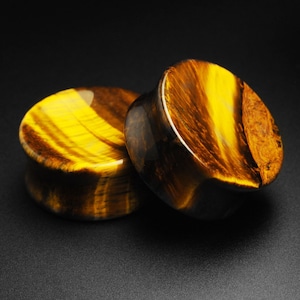 Yellow Tiger&#39;s Eye Double Flare Concave Plug | Organic Stone Ear Stretcher Gauges | Sizes 6mm (2g) - 25mm (1&quot;) | FREE Delivery Available!