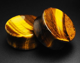 Dilatador cóncavo de doble acampanado de ojo de tigre amarillo / Dilatador de oreja de piedra orgánica / Tamaños 6 mm (2 g) - 25 mm (1") / ***¡Sin aranceles de EE. UU.!***