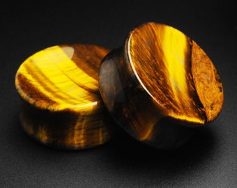 Yellow Tiger's Eye Double Flare Concave Plug | Organic Stone Ear Stretcher Gauges | Sizes 6mm (2g) - 25mm (1") | FREE Delivery Available!