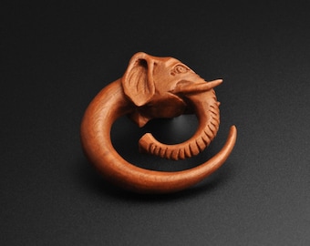 Saba Wood Spiral With Elephant Head Carving | Wooden Ear Stretcher Gauges | Sizes 3mm (8g) - 6mm (2g) | ***No USA TARIFFS!***