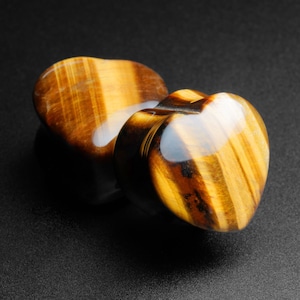 Yellow Tiger&#39;s Eye Heart Shaped Double Flare Stone Plug | Organic Stone Ear Gauges | Sizes 6mm (2g) - 16mm (5/8&quot;) | FREE Delivery Available!
