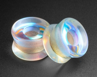 Regenbogen Glas Double Flare Konkaver Tunnel | Glas Ohr Dehnungsmessstreifen | Größen 6 mm (2g) - 25 mm (1"") |