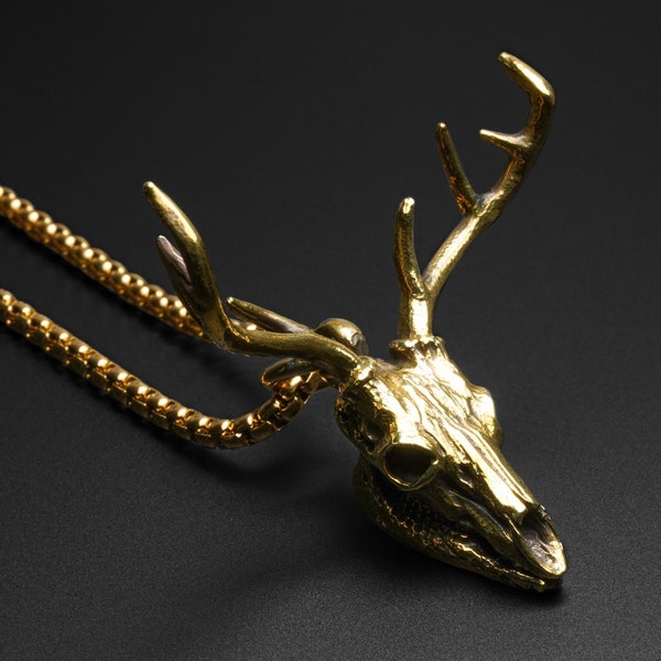 Deer Skull Brass Pendant With 18k Gold Box Chain | Italian Brass Jewelry | High Quality Brass Necklace | FREE Worldwide Delivery!