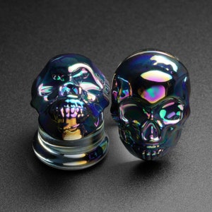 Rainbow Skull Glass Double Flare Plug | Glass Ear Stretcher Gauges | Glass | Sizes 6mm (2g) - 16mm (5/8&quot;) | FREE Delivery Available!