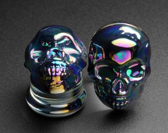 Rainbow Skull Glass Double Flare Plug | Glass Ear Stretcher Gauges | Glass | Sizes 6mm (2g) - 16mm (5/8") | ***No USA TARIFFS!***