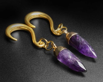 Amethyst Faceted Pendant With Gold PVD Hook Mini Ear Weight | Ear Weight Gauges For Stretched Ears | FREE Delivery Available!