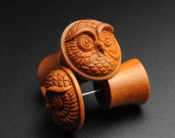 Saba Wood Fake Gauge Plug With Owl Carving For Pierced Ears | Faux Ear Gauges | Fake Stretchers | FREE Delivery Available!