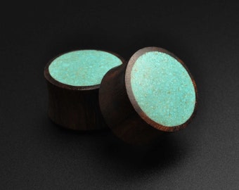 Sono Wood With Crushed Turquoise Inlay Double Flare Organic Wood Plug | Sizes 6mm (2g) - 25mm (1") | FREE Delivery Available!