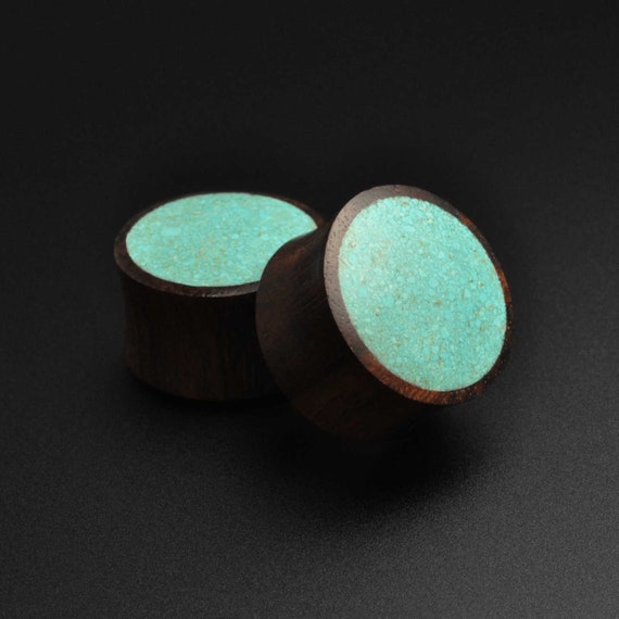 up to 1 PAIR of Crushed Turquoise Inlaid Wood Saddle Plugs Gauges 2g available! 25mm 6mm