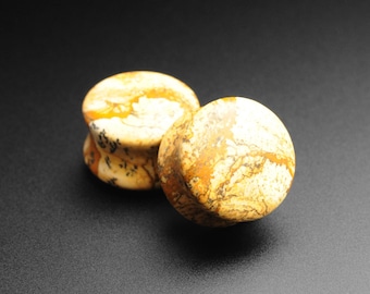Picture Jasper Double Flare Convex Plug | Organic Stone Ear Stretcher Gauges | Sizes 4mm (6g) - 25mm (1") | ***No USA TARIFFS!***