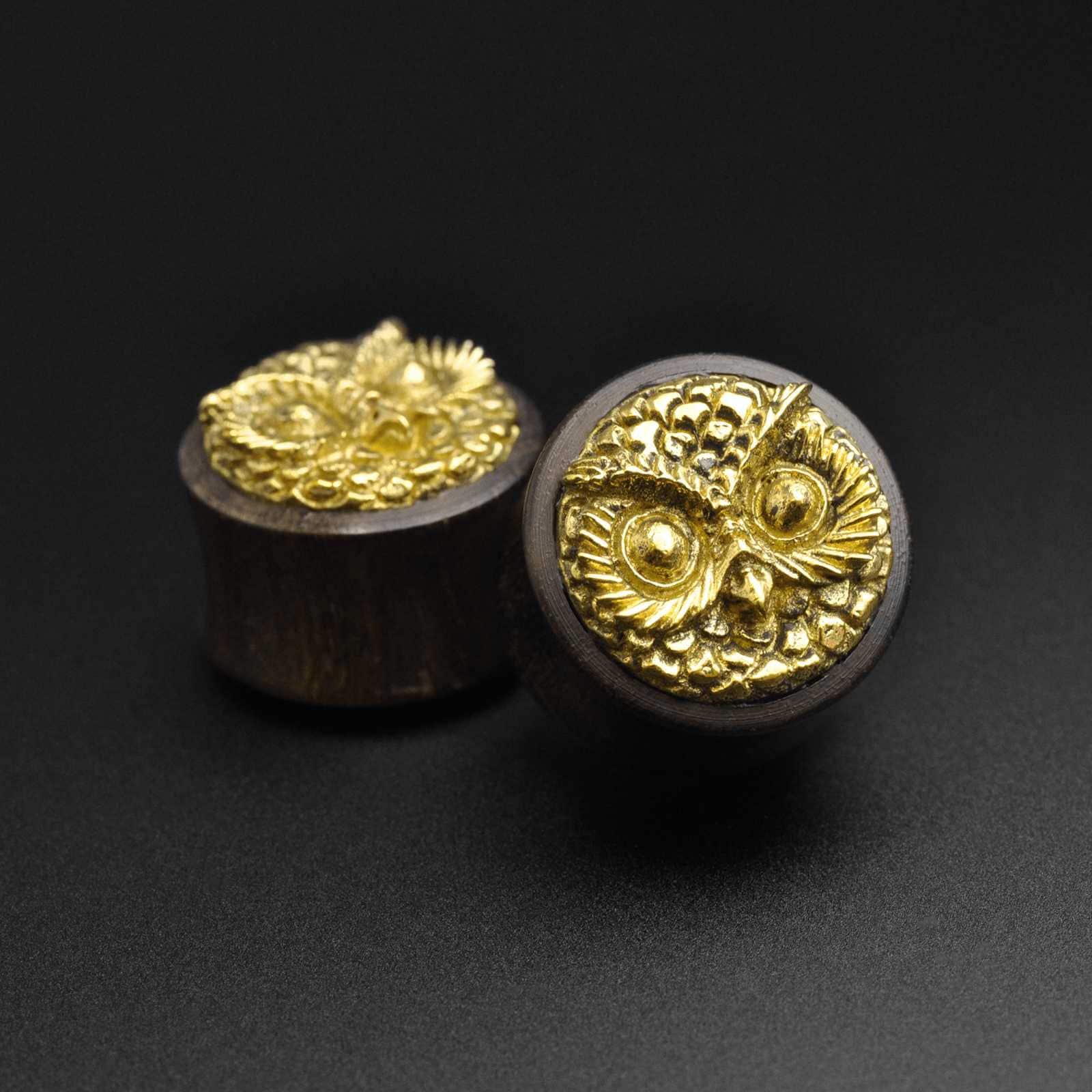 Sono Wood With Brass Owl Inlay Double Flare Organic Wood Ear Plug Stretcher | Sizes 10mm (00g) - 30m