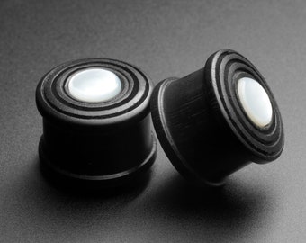 Black Areng Wood With Carved Circles & MOP Inlay Double Flare Organic Wood Ear Plug Stretcher | Sizes 8mm (0g) - 25mm (1") Gauges