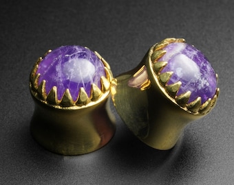 Brass Saddle Fit Double Flare Plug With Amethyst | Organic Stone Ear Gauges | Sizes 6mm (2g) - 20mm (13/16") | FREE Worldwide Delivery!