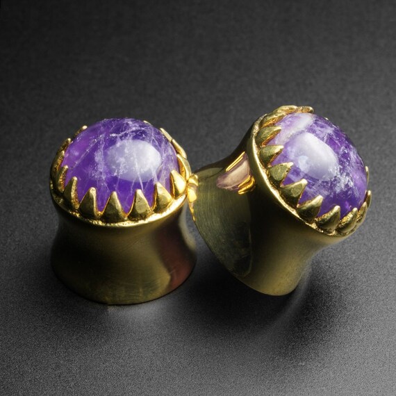 Organic Stone Double Flared Saddle Plugs – Purple Pink Agate, Ear Gauges, Unbranded