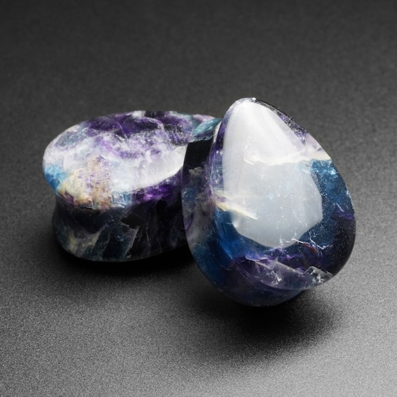 Rainbow Fluorite Double Flare Convex Teardrop Plug Organic Stone