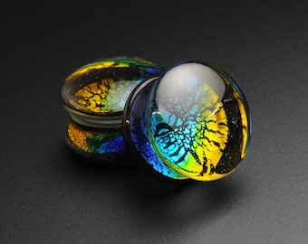 Ocean Dichroic Style Glass Double Flare Plug | Glass Ear Stretcher Gauges | Sizes 6mm (2g) - 19mm (3/4‚Äú) | ***No USA TARIFFS!***