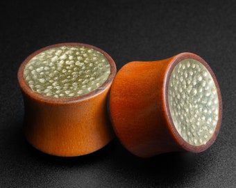 Op de afbeelding: Twee houten oorpluggen met een gehamerde metalen inlay. De pluggen zijn bruin met een gouden metalen inlay.