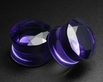 Dilatador de doble acampanado de vidrio morado facetado / Dilatador de vidrio para dilatación de orejas / Tamaños: 6 mm (2 g) - 25 mm (1") / ***¡Sin aranceles de EE. UU.!***