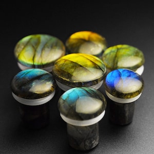 Grade AAA Labradorite Single Flare Convex Organic Stone Ear Plug | 5mm (4g) - 12mm (1/12&quot;) Gauge Size | Choose Your Flash
