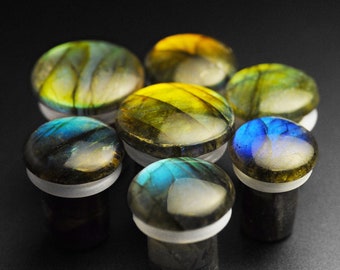 Grade AAA Labradorite Single Flare Convex Organic Stone Ear Plug | 5mm (4g) - 12mm (1/12") Gauge Size | Choose Your Flash