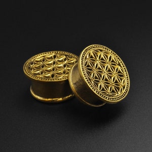 Brass Flower Of Life Double Flare Tunnel | Brass Ear Stretcher Gauges | Sizes 6mm (2)g - 16mm (5/8&quot;) | FREE Delivery Available!