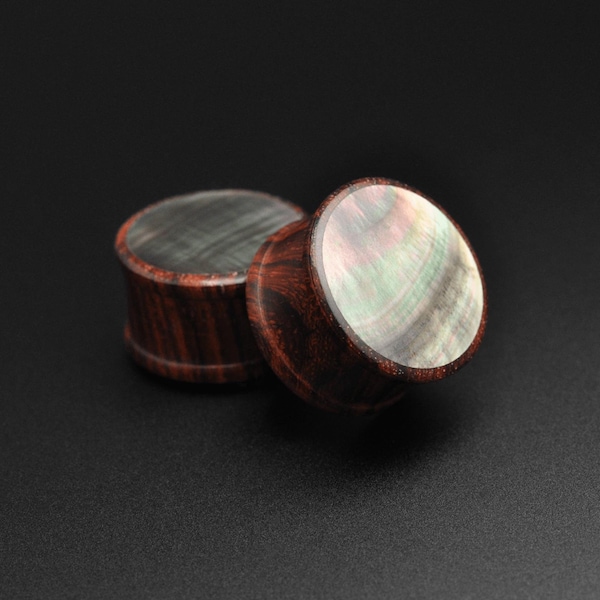 Sono Wood & Black Mother Of Pearl Double Flare Organic Wood Ear Plug Stretcher | Wooden Ear Gauges | Sizes 6mm (2g) - 25mm (1") Gauges