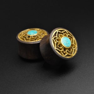Sono Wood Double Flare Plug With Brass Lotus Flower & Crushed Turquoise Inlay | Wooden Ear Stretcher Gauges | FREE Delivery Available!